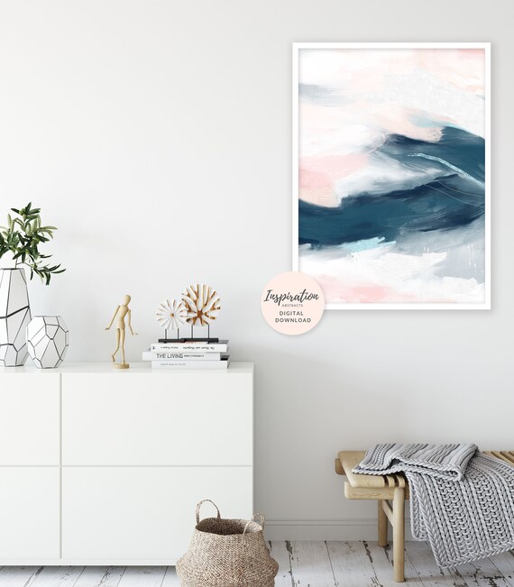 Large Abstract Print Pink Navy Wall Art Vertical