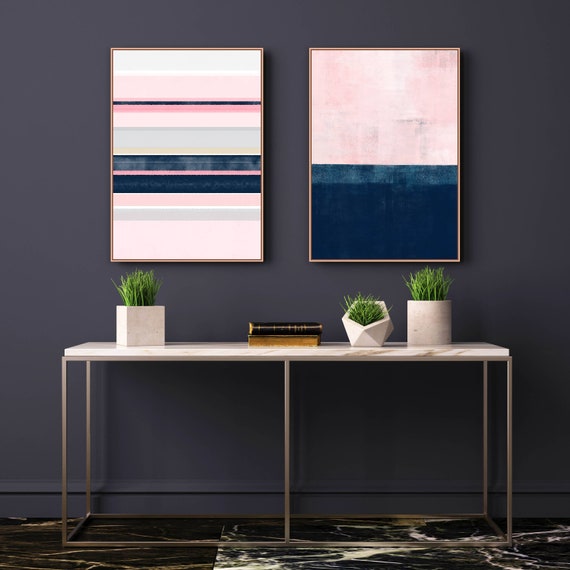 Pink Navy Wall Art, Set of 2 Prints, Abstract Art, Minimalist Print Set, Digital Download, Printable Art, Modern Wall Art, 24x36 Art Prints