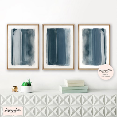 Blue Abstract Art Set of 3 Art Prints Vertical Wall Art Etsy