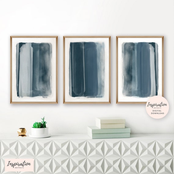 Navy Blue Abstract Paintings, Set of 3 Art Prints, Printable Paintings, Digital Download, Vertical Wall Art