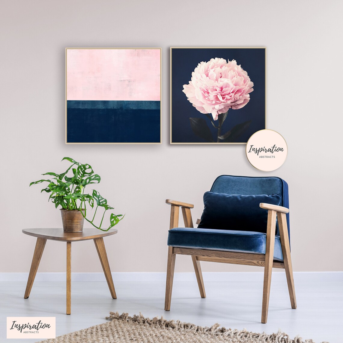 Pink and Navy Wall Art Set of Two Prints Wall Art Set Peony Etsy