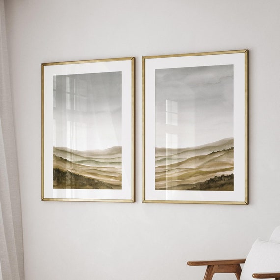 Neutral Landscape Paintings, Set Of 2 Modern Watercolour Prints, Light Brown Aesthetic, Instant Download, Large Printable Wall Art