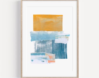 Arte abstracto contemporáneo de técnica mixta, impresión de collage de papel, arte costero texturizado, decoración moderna azul y amarilla para casa de playa, impresión artística giclée