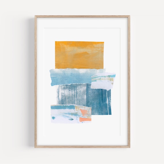Contemporary Mixed Media Abstract Art, Paper Collage Print, Textured Coastal Art, Blue Yellow  Modern Beach House Decor, Giclee Art Print