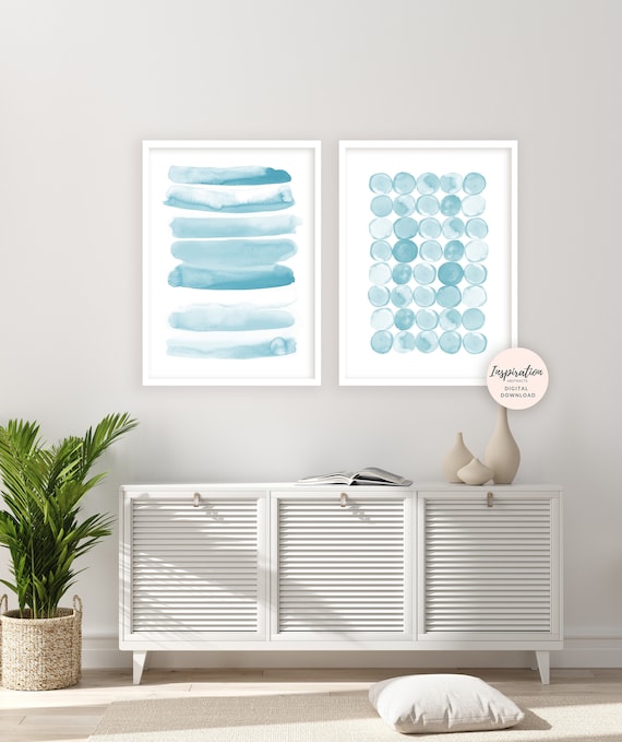 Light Blue Watercolour Paintings, Minimalist Art, Set of 2 Prints, Printable Art, Brushstrokes Art, Beach House Decor, Nursery Wall Art