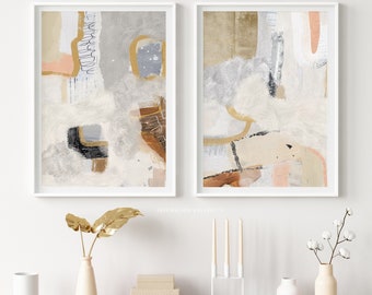 Conjunto de dos pinturas abstractas modernas neutras - Impresiones de collage - Arte abstracto para pared - Arte imprimible grande - Impresiones de descarga instantánea