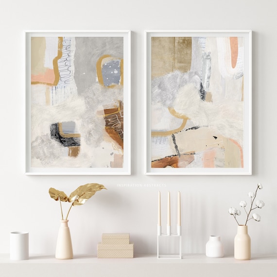 Set of Two Neutral Modern Abstract Paintings - Collage Art Prints - Abstract Wall Art - Large Printable Art - Instant Download Prints