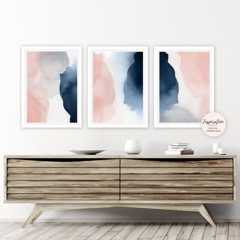Pink Navy Wall Art Set Gallery Wall Set Set of 3 Prints 3 Etsy