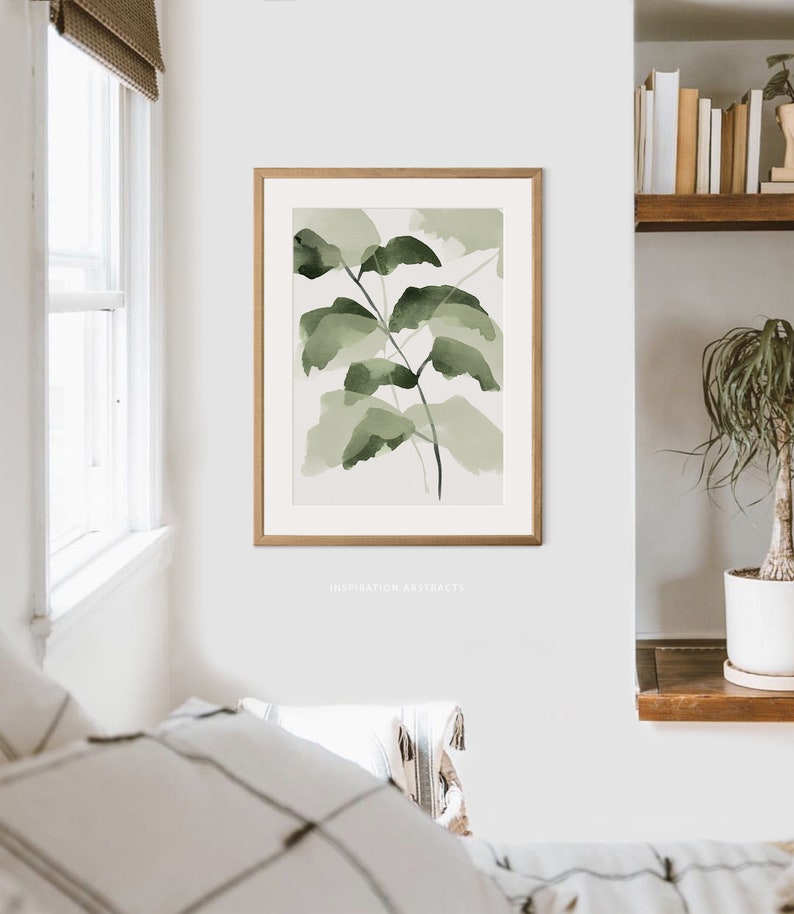 Sage Green Botanical Prints, Set of 3 Watercolour Leaf Paintings, Modern Botanical Prints, Calming Wall Art Set, Printable Zen Wall Art image 5