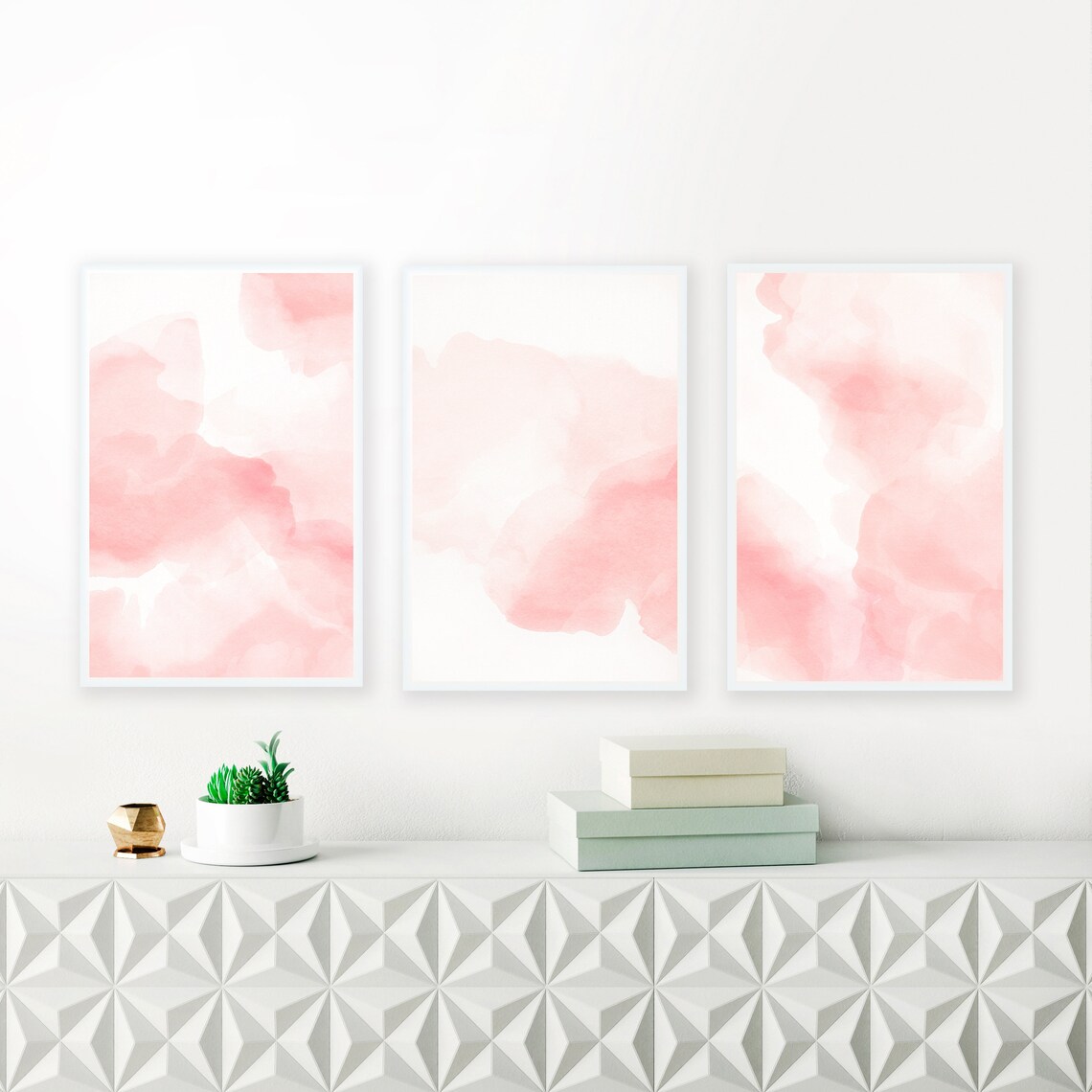 Blush Pink Wall Art Set of 3 Prints Watercolor Paintings