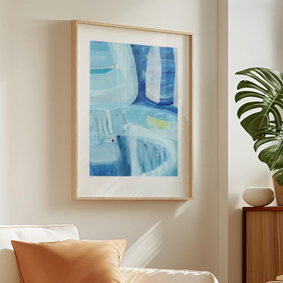 Blue Abstract Painting, Abstract Mixed Media Art, Modern Coastal Wall Art, Beach House Decor, Blue Bathroom Print, Large Printable Art