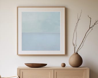 Kalm blauw abstract schilderij, lichtblauwe minimalistische kunst, lichtblauw kustdecor, grote woonkamerkunst