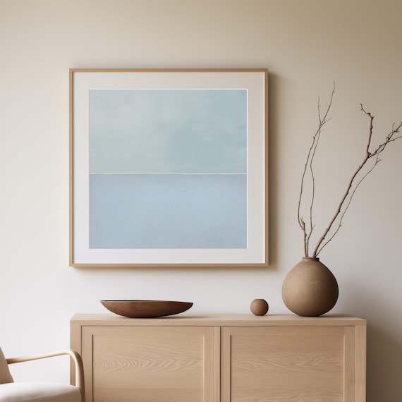 Calm Blue Abstract Painting, Light Blue Minimalist Art, Pale Blue Coastal Decor, Large Framed Living Room Art