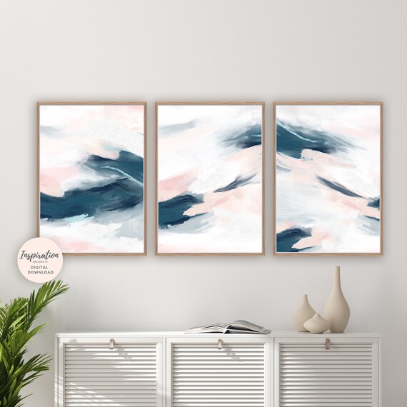 Set Of 3 Pink and Navy Abstract Paintings, 3 Piece Wall Art, Gallery Wall Set, Printable Art, Bedroom Art, Large Wall Art, Digital Prints