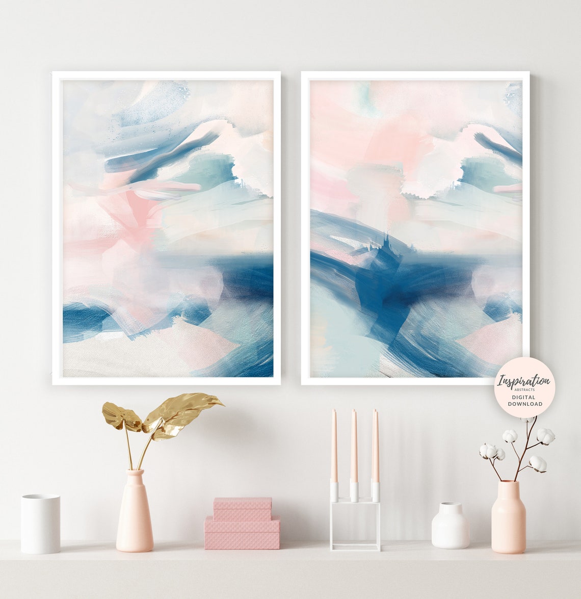 Abstract Paintings Pink Navy Wall Art Set of Two Prints Etsy UK