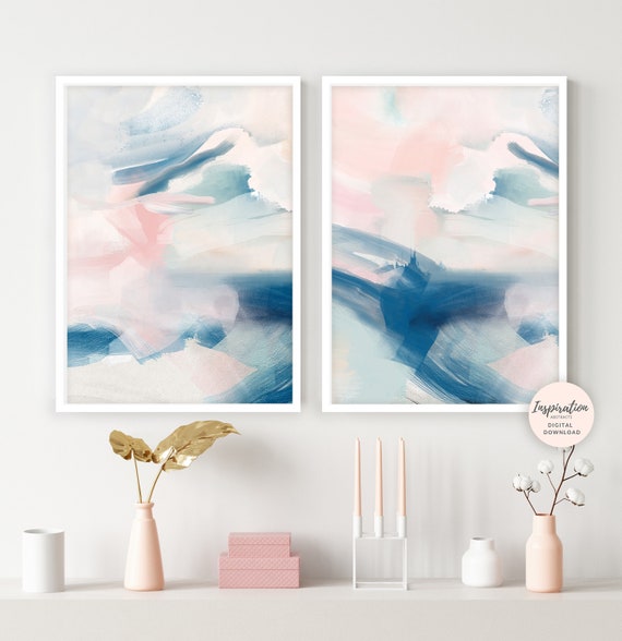 Set of Two Abstract Paintings, Pink Navy Wall Art, Mixed Media Art, Printable Art, Acrylic Paintings, Nursery Decor, Living Room Art