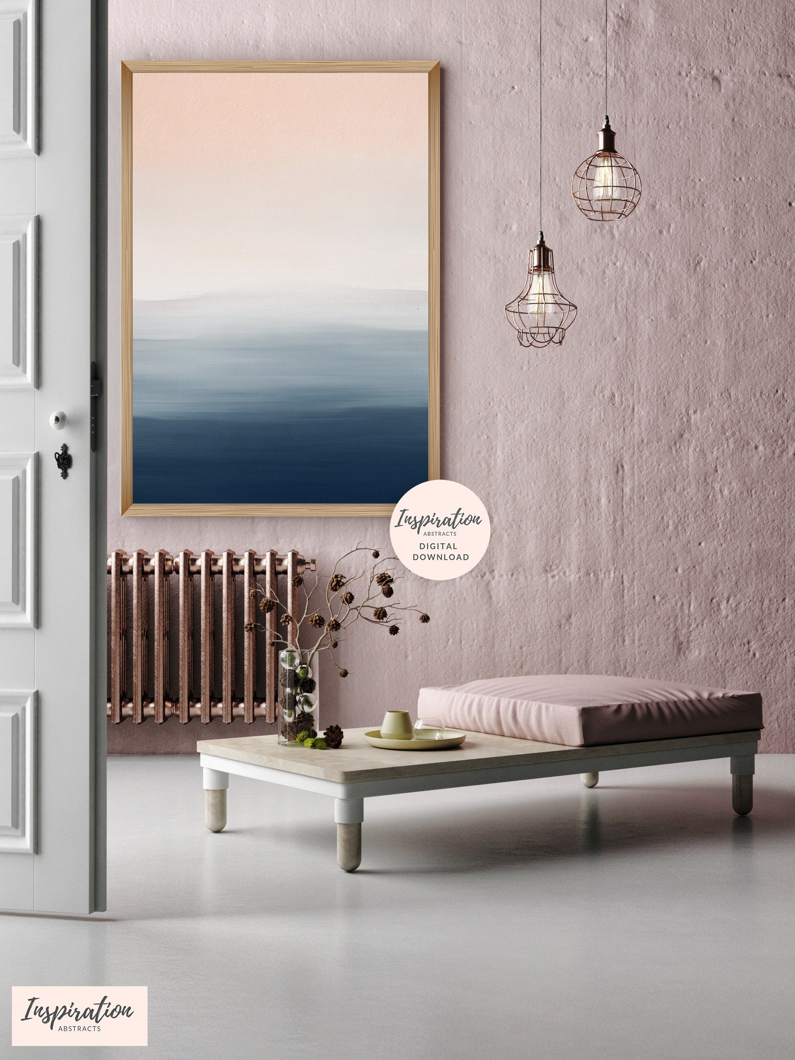 Pink and Navy Wall Art Watercolour Print Calming Wall Art Etsy Polska