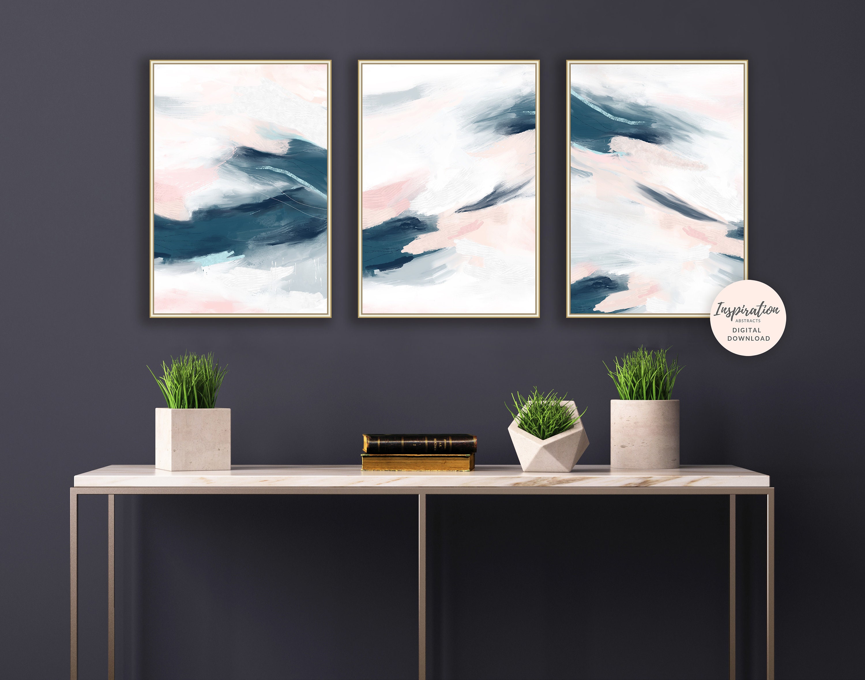 Set Of 3 Pink and Navy Abstract Paintings 3 Piece Wall Art | Etsy