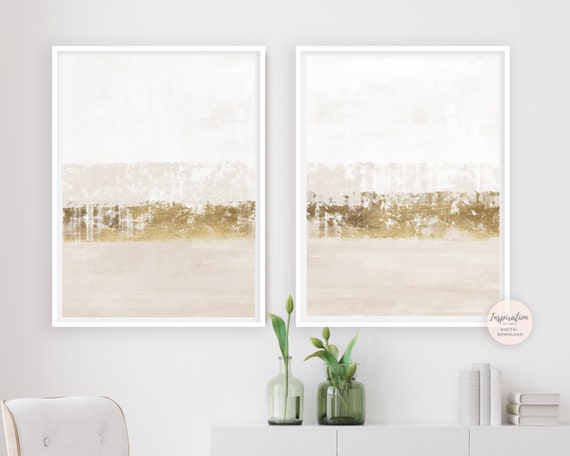 Beige White And Gold Minimal Abstract Paintings, Gold Leaf Painting, Set of 2 Prints, Minimalist Print Set, Printable Art, Abstract Art