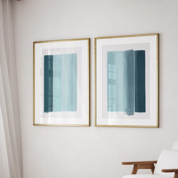 Blue Minimal Art, Set of 2 Printable Abstract Paintings, Minimal Wall Art, Modern Watercolour Prints, Large Living Room Art