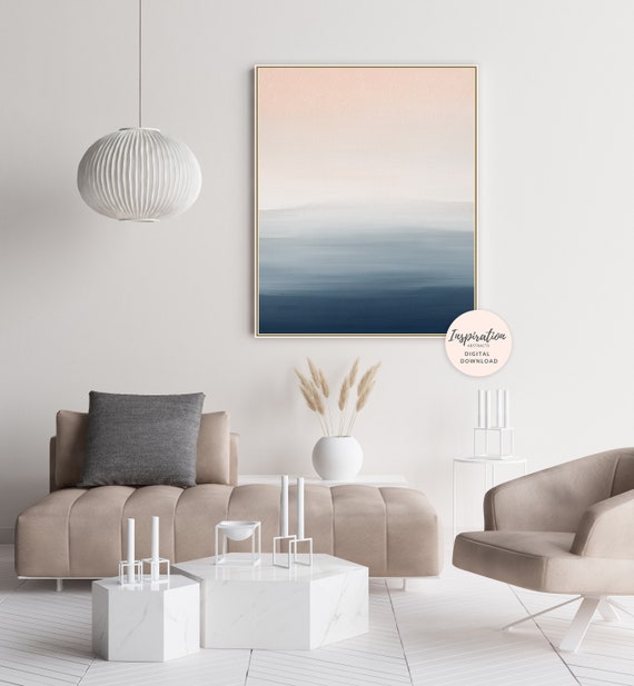 Calming Abstract Art, Blush Pink and Navy Wall Art, Printable Painting, Mixed Media Art, Watercolour and Acrylic Art, Living Room Art
