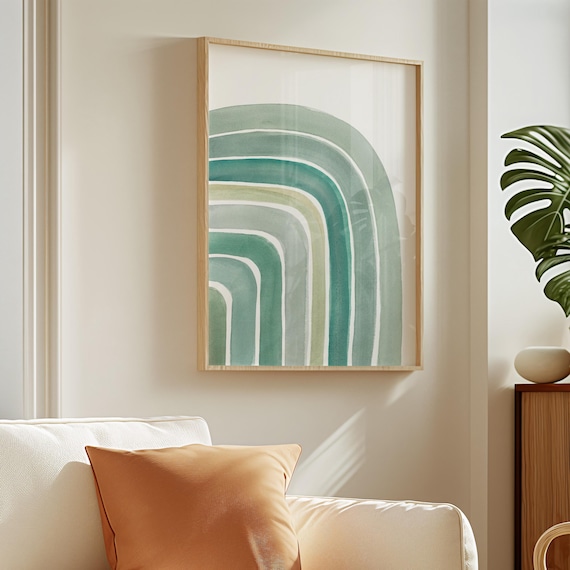 Green Abstract Watercolour Painting, Sage Green Wall Art, Printable Rainbow Decor, Calming Nursery Painting
