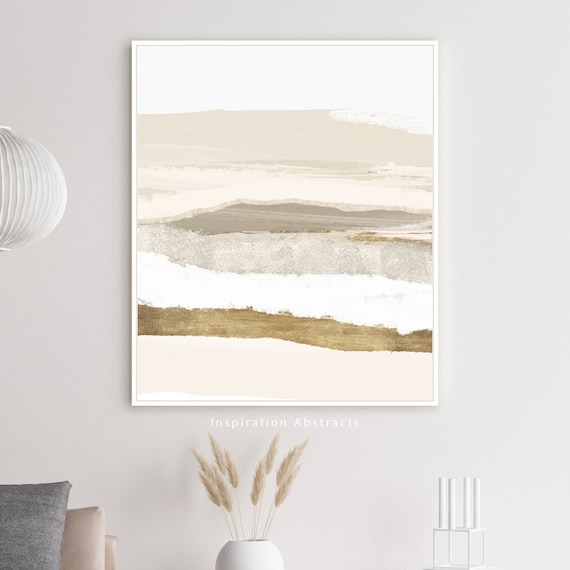 Neutral Landscape Painting, Zen Wall Art, Large Minimal Art, Beige White and Gold Art Print, Abstract Art, Modern Wall Art