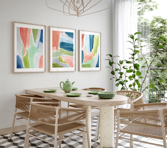 Set Of 3 Abstract Prints, Modern Abstract Wall Art, Pastel Prints, 3 Piece Printable Wall Art, Bright Bedroom Decor, Dining Room Prints