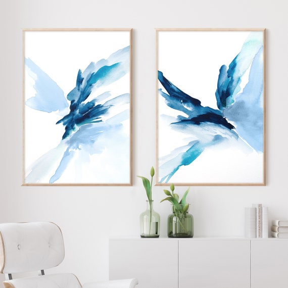 Navy Blue Watercolour Prints, Set Of Two Abstract Paintings, Expressive Wall Art, Large Printable Art, Bathroom Prints, Coastal Decor