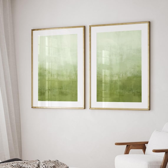 Sage Green Art Prints, Set of Two Minimal Green Paintings, Olive Green Decor, Printable Abstract Wall Art, Large Living Room Prints