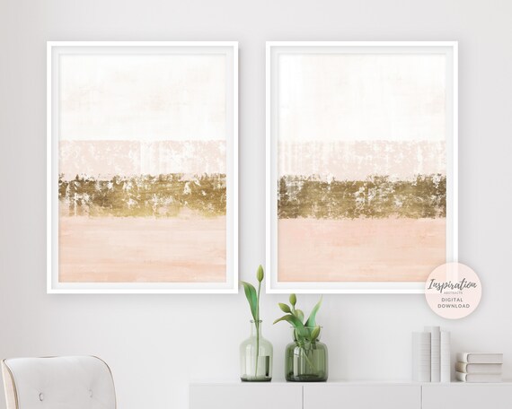 Blush Pink And Gold Minimal Abstract Paintings, Blush Pink Wall Art, Gold Leaf Painting, Set of 2 Prints, Printable Wall Art, Abstract Art