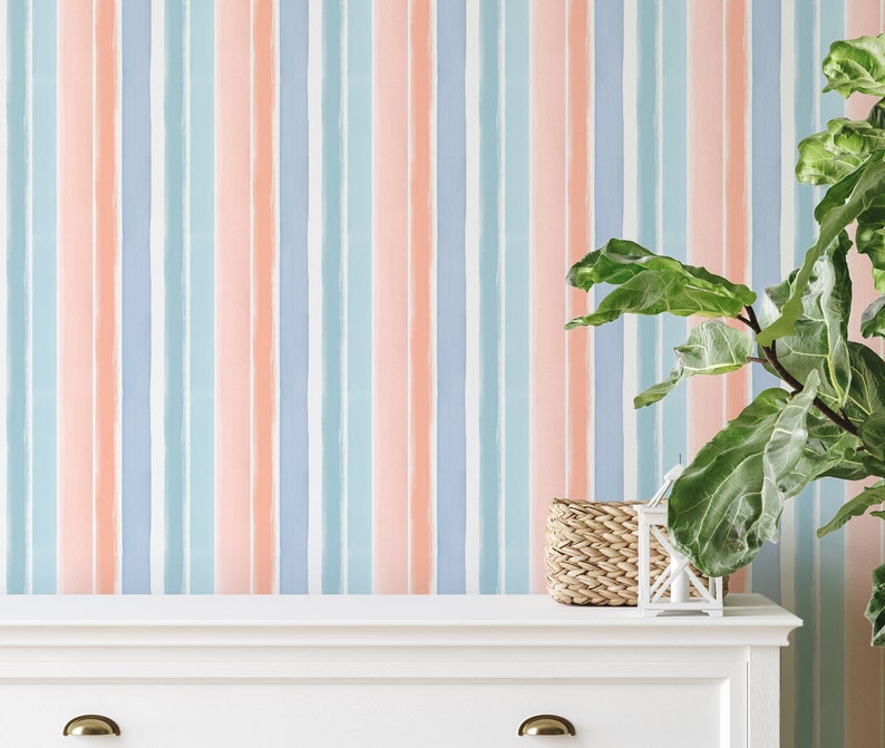 Colourful Stripes Wallpaper, Candy Stripes Peel and stick Wallpaper, Nursery Decor, Playroom Decor, Hand Painted Watercolour Stripes image 5