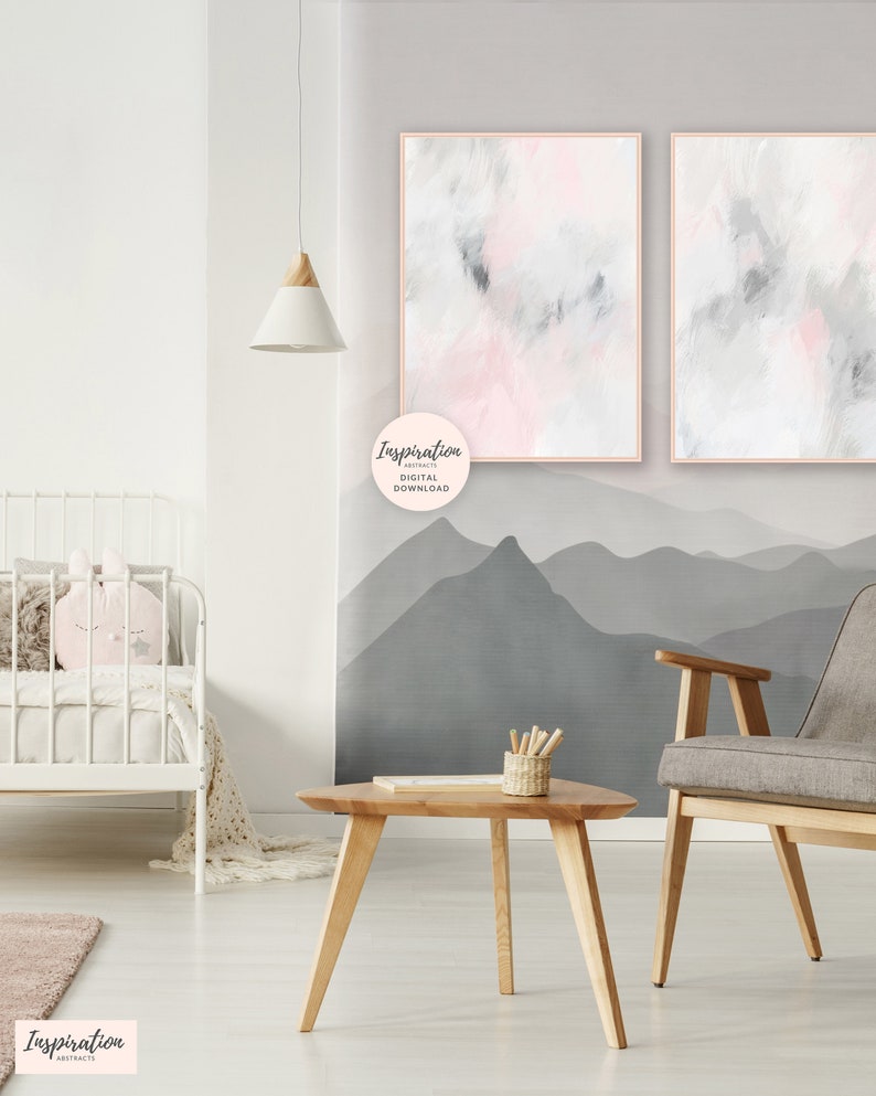 Large Abstract Art Pink Grey Wall Art Set Of 2 Art Prints Etsy