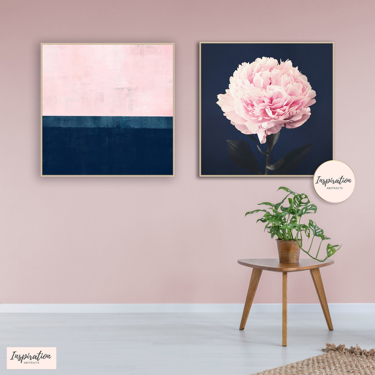 Pink and Navy Wall Art Set of Two Prints Wall Art Set Peony Etsy