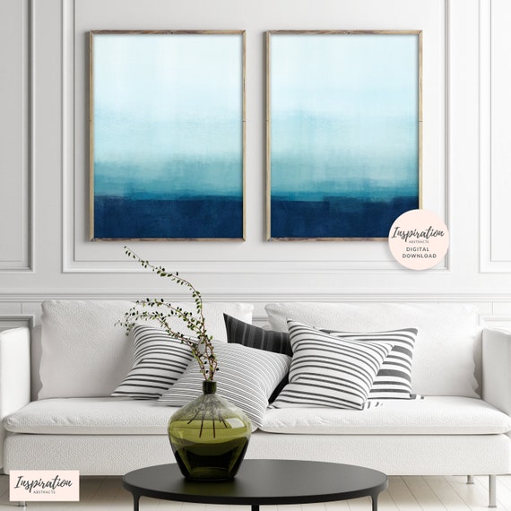 Blue Abstract Art, Set of 2 ombre Paintings, Printable Wall Art, Mixed Media Art, Ombre Wall Art, Blue Nursery Art