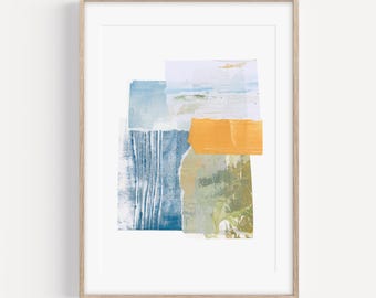 Arte costero abstracto, estampado playero moderno, decoración de pared contemporánea en azul, amarillo y verde, impresión artística giclée, decoración para casas de playa.