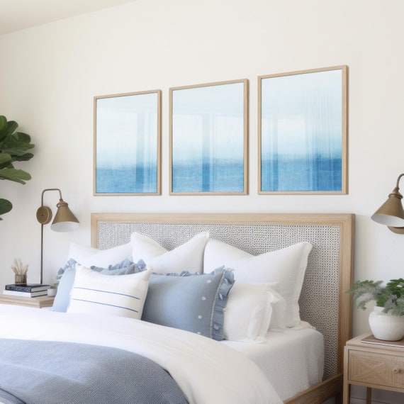Light Blue Abstract Paintings, Calming Gallery Wall Set, Set of 3 Coastal Bedroom Prints, Large Printable Wall Art