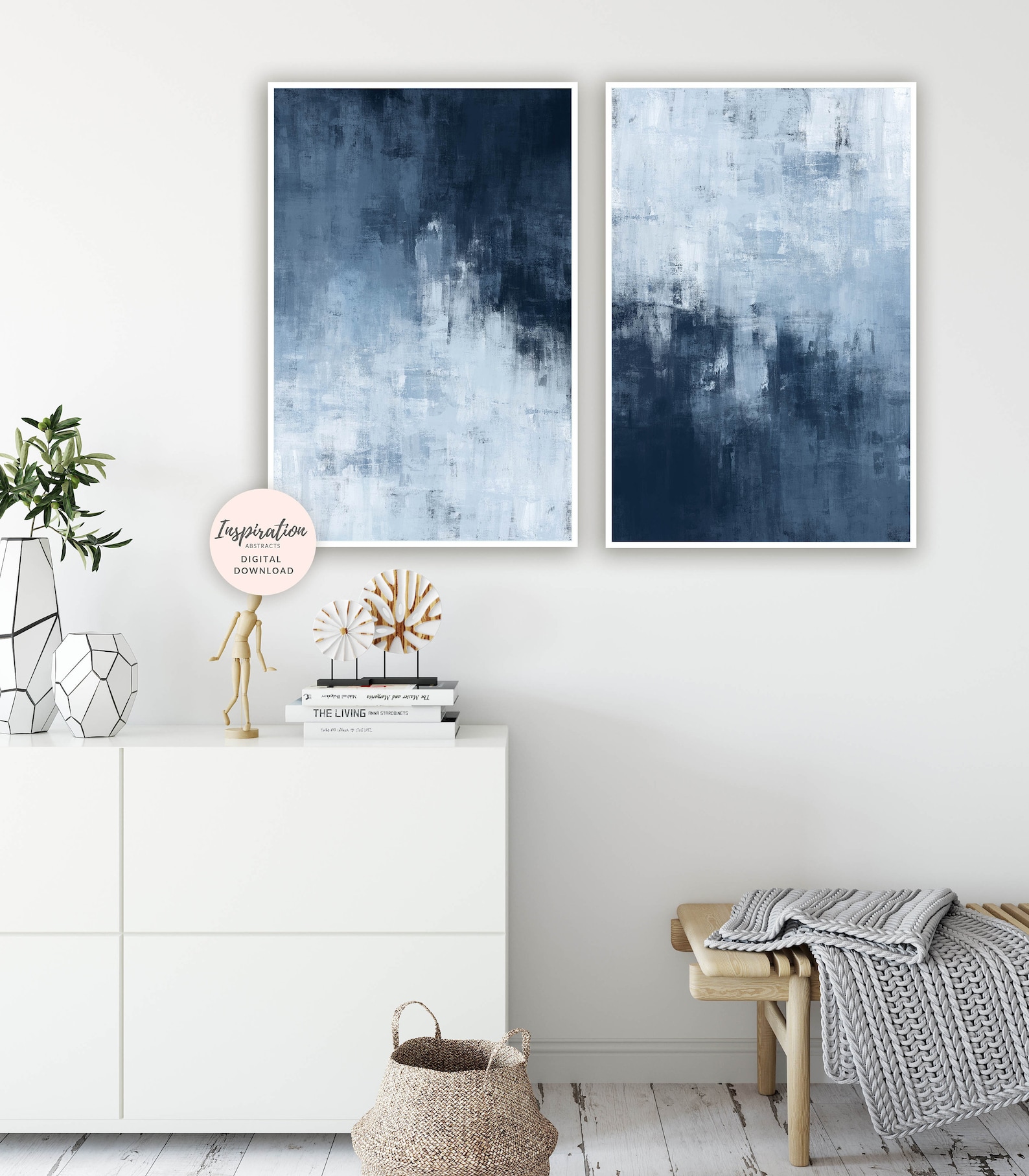 Navy Abstract Art Set of Two Prints Large Wall Art Etsy