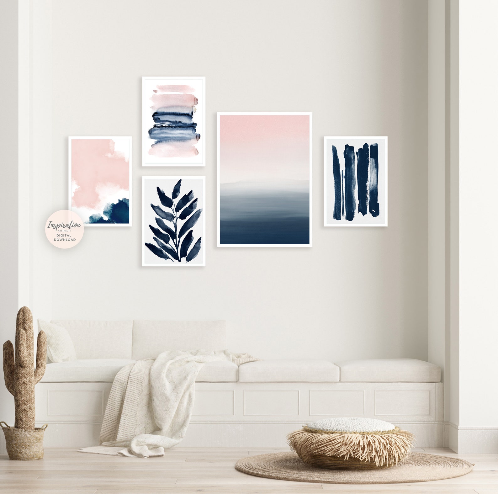 Abstract Gallery Wall Set Pink Navy Wall Art 5 Piece Wall Etsy