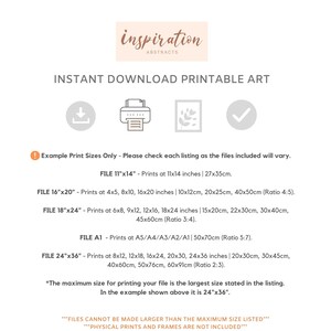 May include: A printable art download guide with examples of different print sizes in inches and centimeters. The text reads "Example Print Sizes Only - Please check each listing as the files included will vary." and "FILES CANNOT BE MADE LARGER THAN THE MAXIMUM SIZE LISTED" and "PHYSICAL PRINTS AND FRAMES ARE NOT INCLUDED".