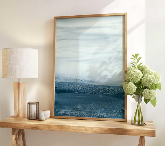 Modern Navy Blue Watercolour Painting, Printable Abstract Landscape, Coastal Wall Art, Contemporary Abstract Art, 24x36 Art Print