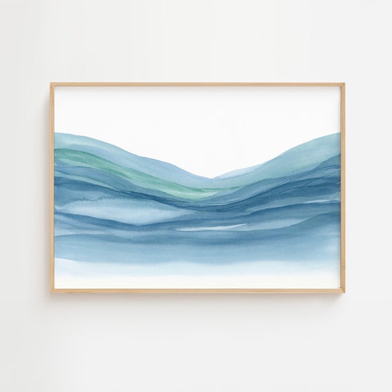 Printable Watercolour Landscape, Calm Art Print, Large Minimal Landscape, Blue Green Coastal Wall Art, 36x24 Digital Download