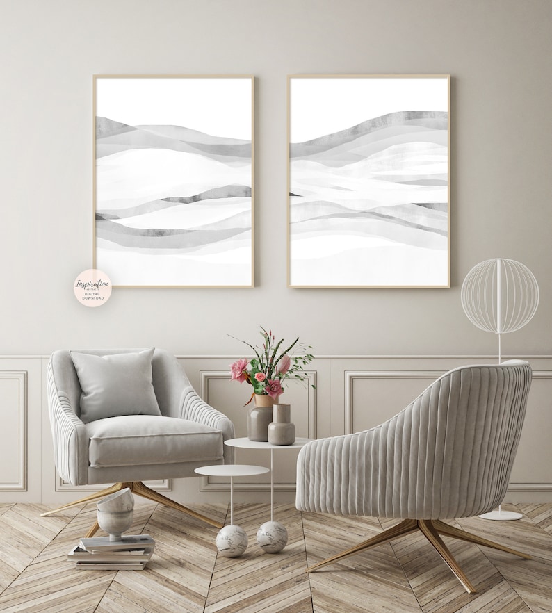Modern Zen Wall Art Set of 2 White Grey Minimal Abstract Etsy UK