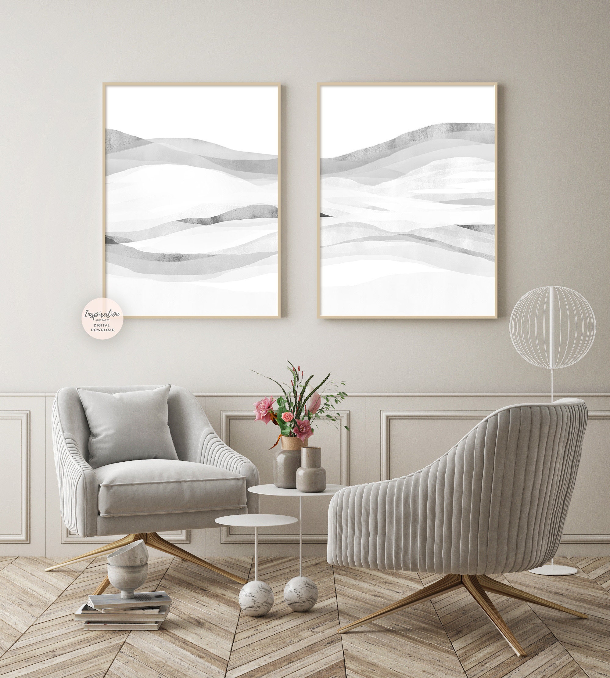 Modern Zen Wall Art Set Of 2 White Grey Minimal Abstract Etsy