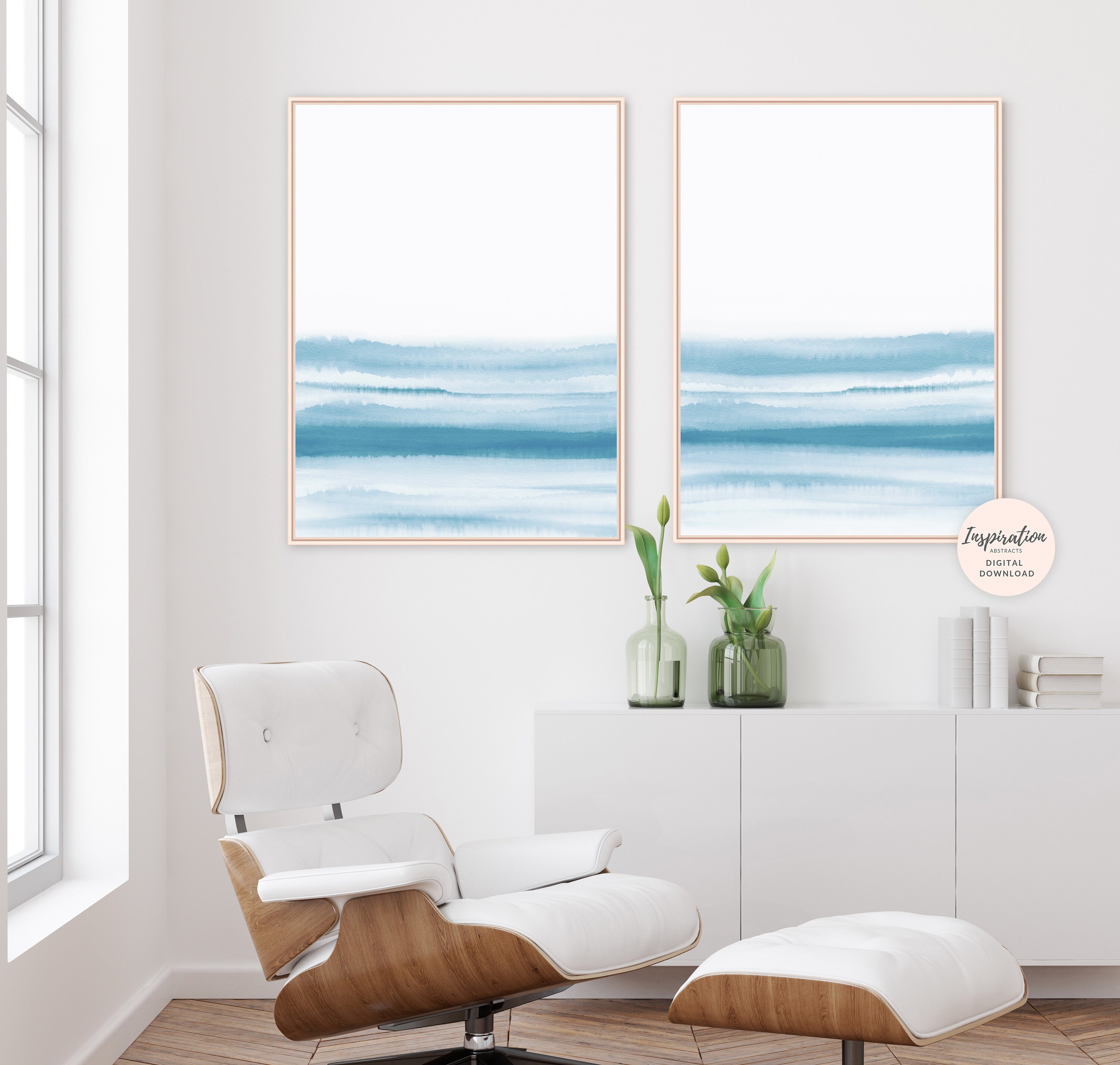 Zen Wall Art, Blue Watercolour Paintings, Set of 2 Prints, Blue Wall