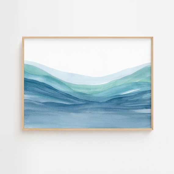 Calm Abstract Landscape Painting, Printable Watercolour Print, Minimal landscape, Large Blue Green Coastal Wall Art, Modern Zen Art