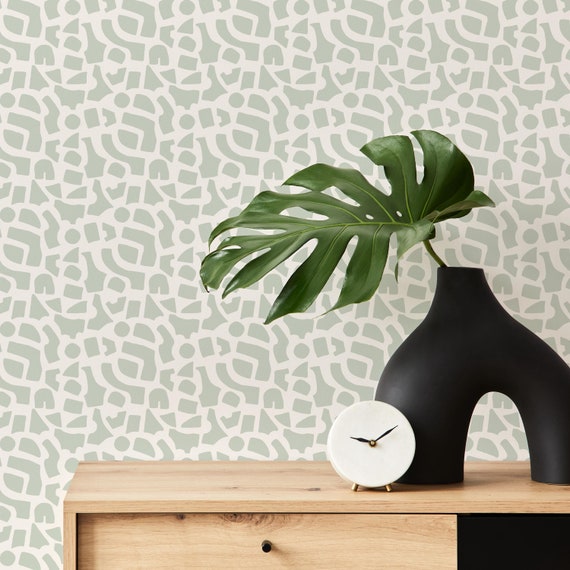 Abstract Cutouts Wallpaper, Modern Shapes Wallpaper, Minimalist Wallcoverings, Calm Sage Green Wall Decor, Peel N Stick and Paste The Wall