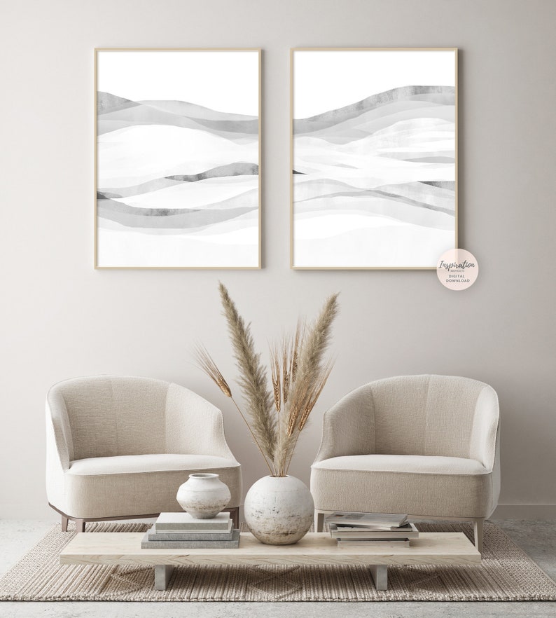 Modern Zen Wall Art Set of 2 White Grey Minimal Abstract Etsy