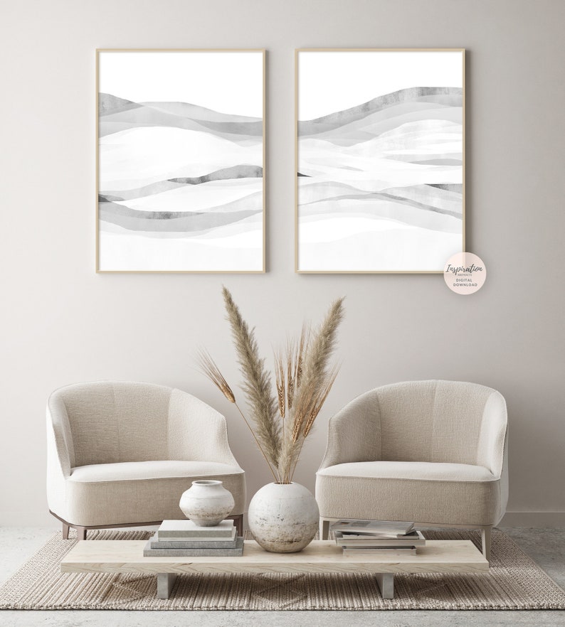 Modern Zen Wall Art Set Of 2 White Grey Minimal Abstract Etsy