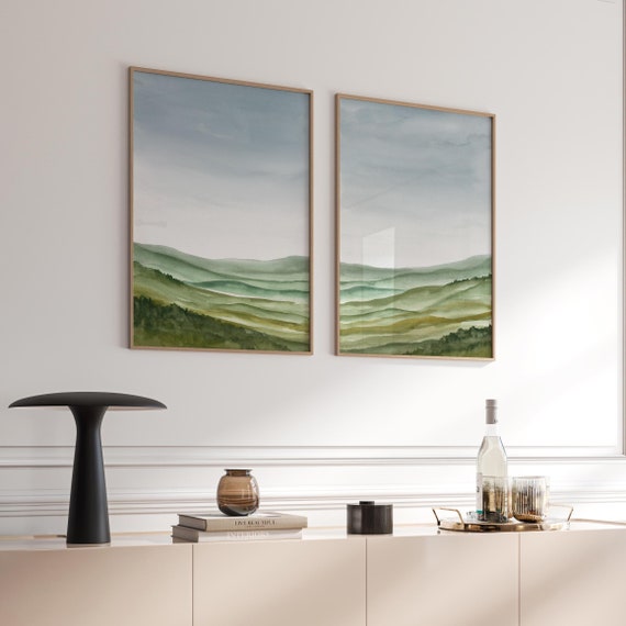 Set Of Two Moody Landscape Paintings, Green and Grey Watercolour Paintings, Abstract Landscape Art, Instant Download Printable Wall Art